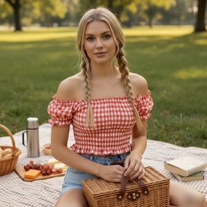 Pink Gingham Off-Shoulder Ruffle Crop Top Size M Cottagecore Summer Picnic Vibes